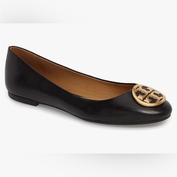Tory Burch Black Leather Benton Ballet Flats with Gold Logo Medallion Size 8 - Picture 2 of 10